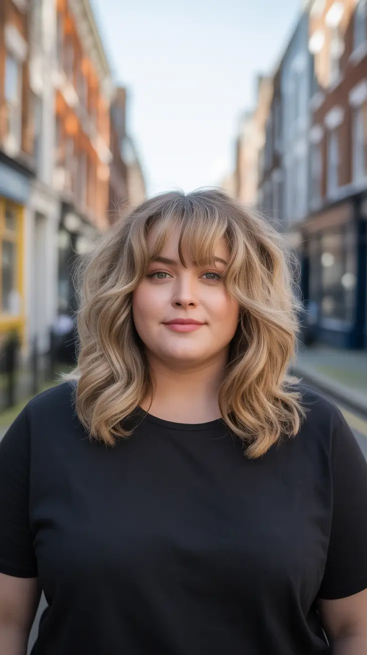 Haircuts for Plus Size Women Long Wavy Layers With Soft Curtain Bangs