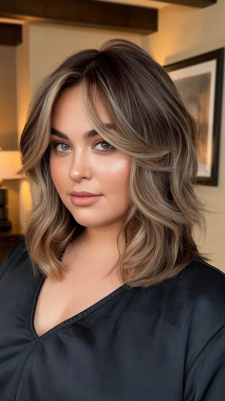 Haircuts for Plus Size Women Dimensional Mocha Blonde Shag With Contour Layers
