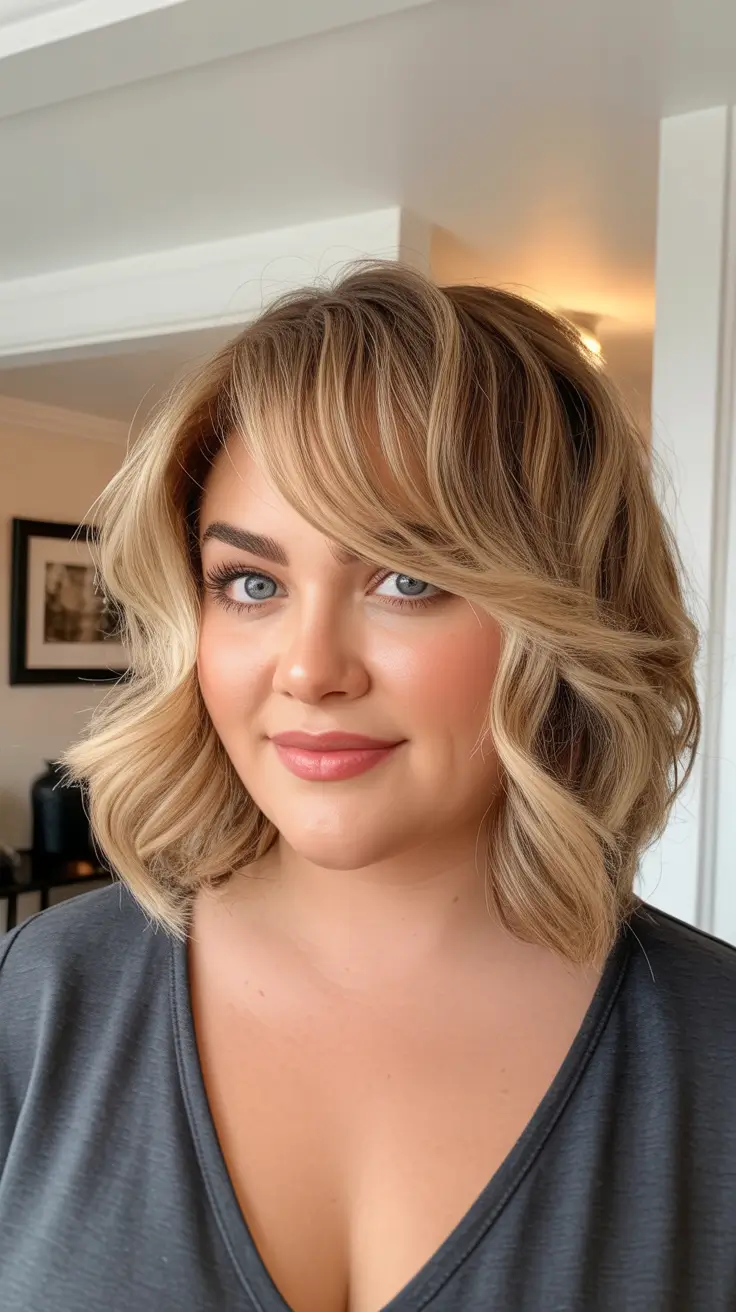 Haircuts for Plus Size Women Wavy Blonde Bob With Airy Curtain Fringe