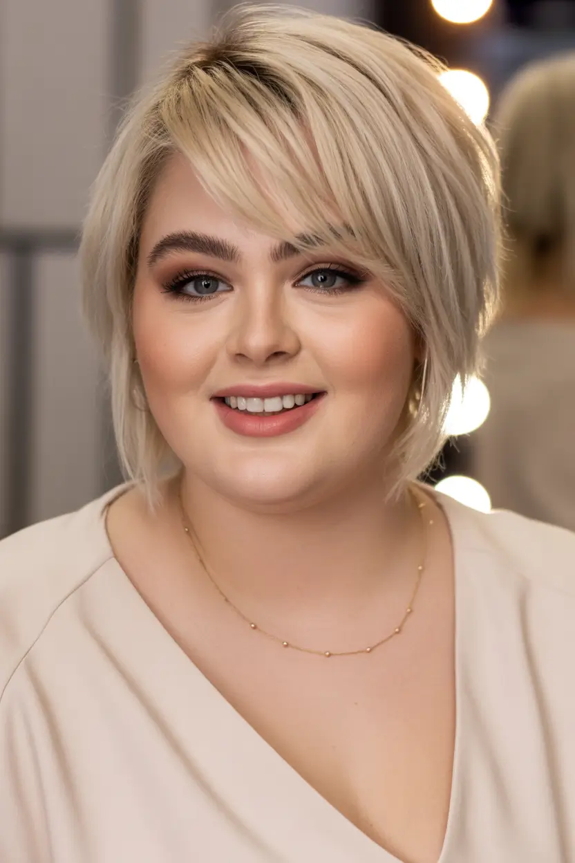 Haircuts for Plus Size Women Feathered Platinum Pixie Bob With Soft Side Fringe