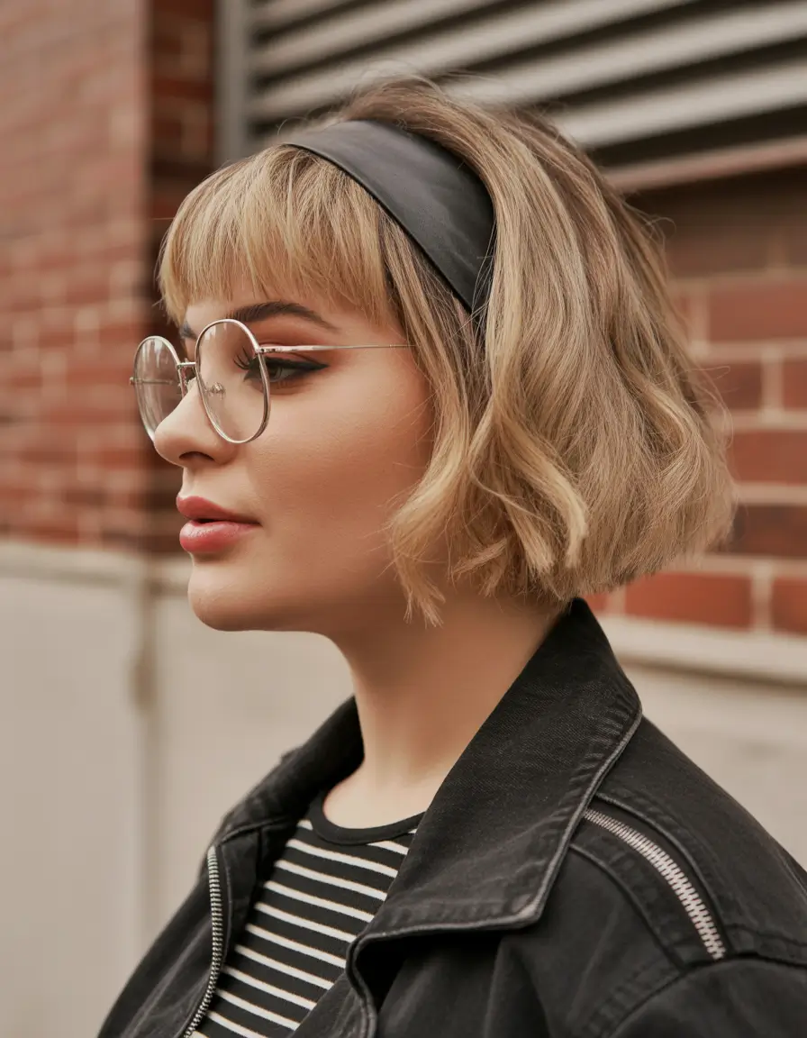 Haircuts for Plus Size Women Soft Blonde Bob With Choppy Ends and Fringe Headband Detail