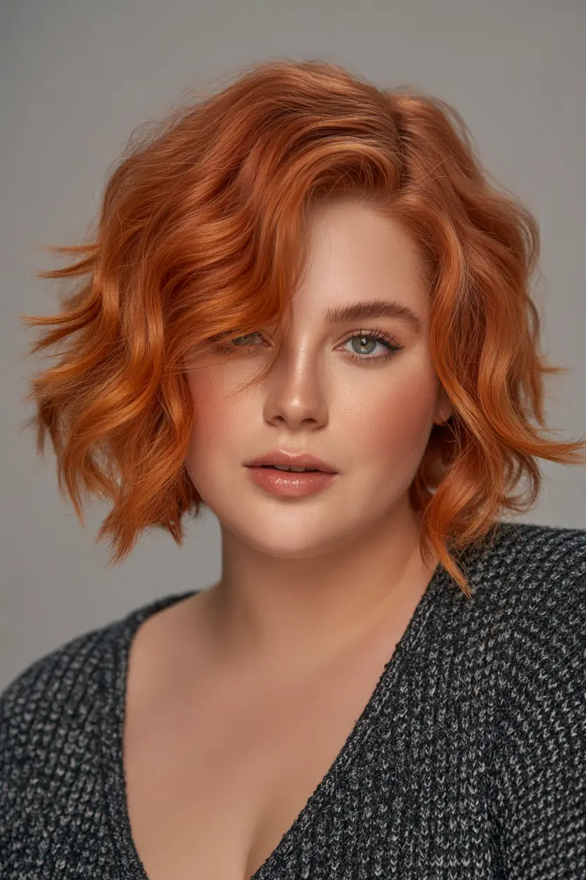 Haircuts for Plus Size Women Shaggy Copper Bob With Loose Waves