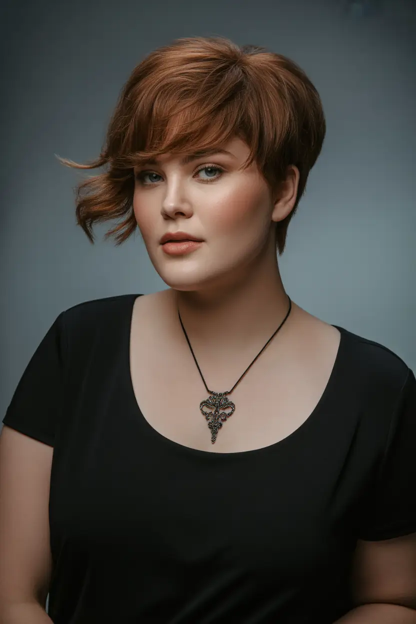 Haircuts for Plus Size Women Choppy Auburn Pixie-Bob With Side Sweep