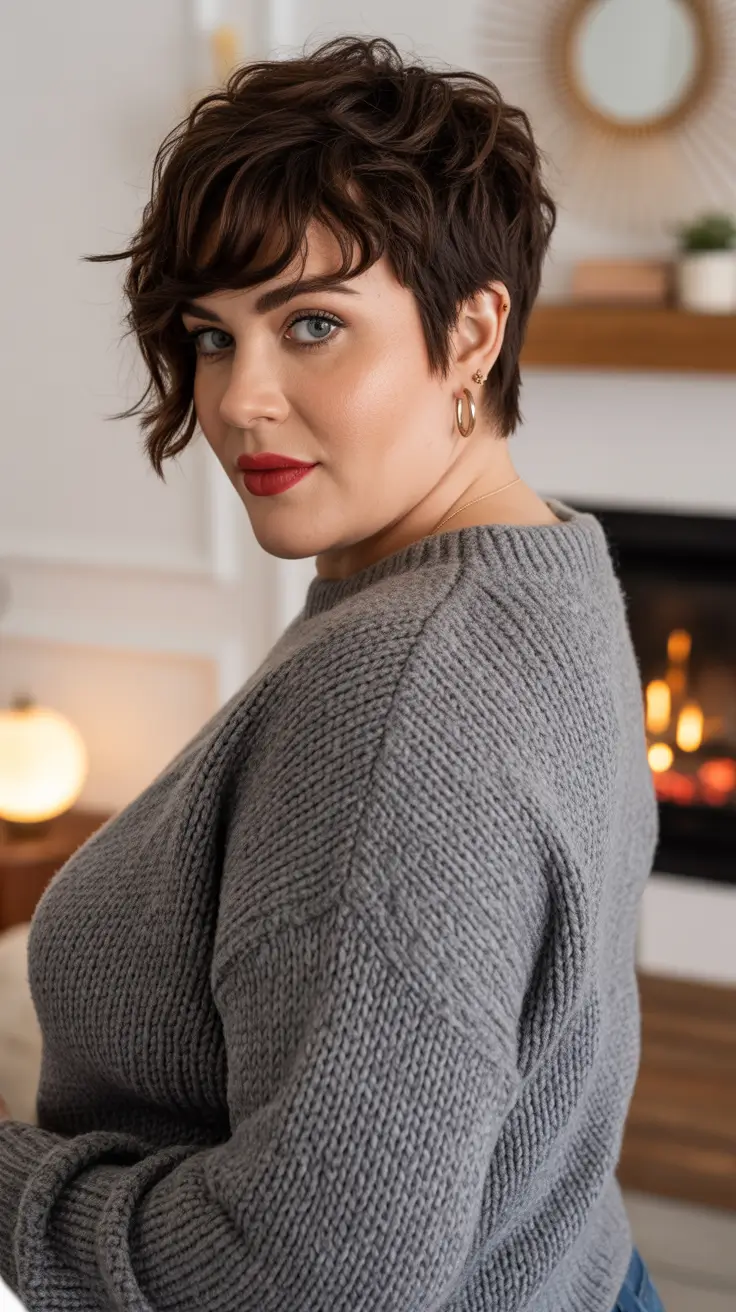 Haircuts for Plus Size Women Deep Chocolate Tousled Pixie With Side Texture
