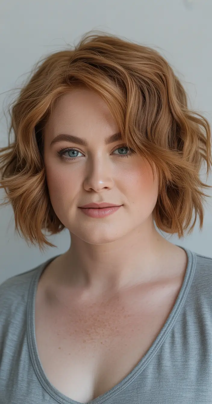 Haircuts for Plus Size Women Golden Strawberry Wavy Bob With Soft Layers