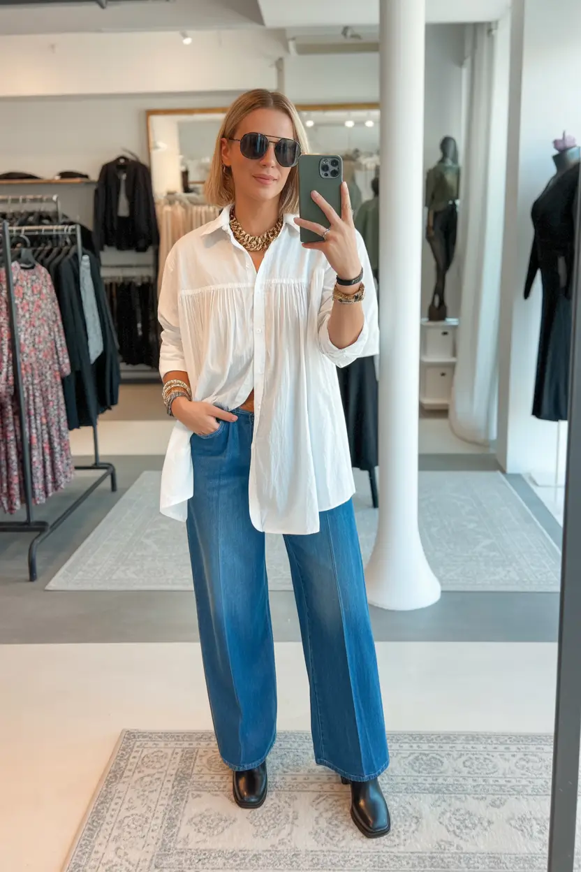 jeans outfits Effortless Street Classic: Oversized White and Denim Balance
