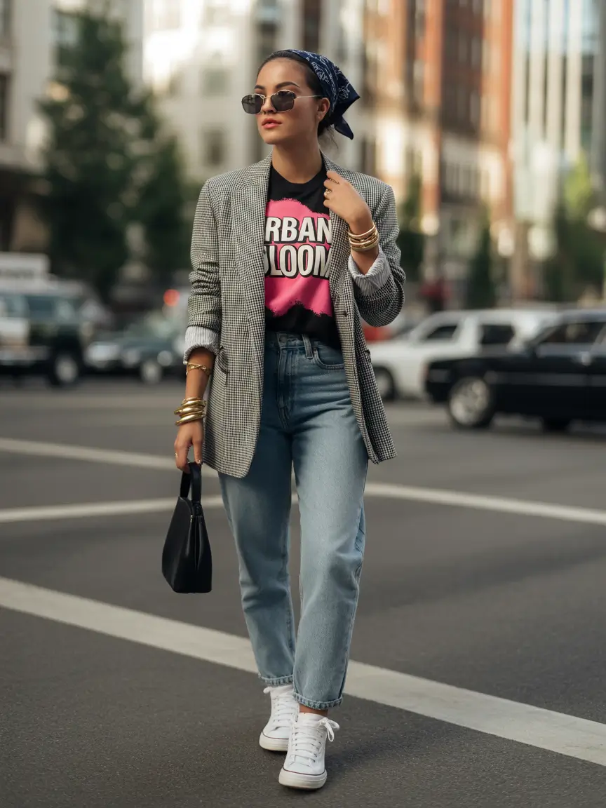 jeans outfits Graphic Energy Meets Classic Tailoring