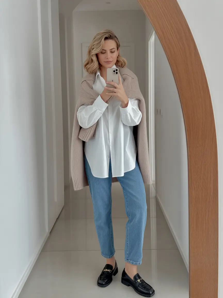 jeans outfits Classic Simplicity with Soft Neutrals