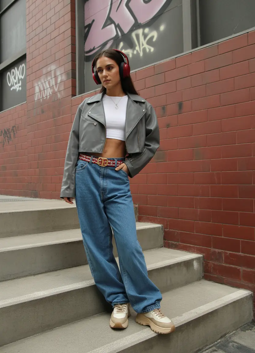 jeans outfits Grey Leather Edge Meets Urban Ease