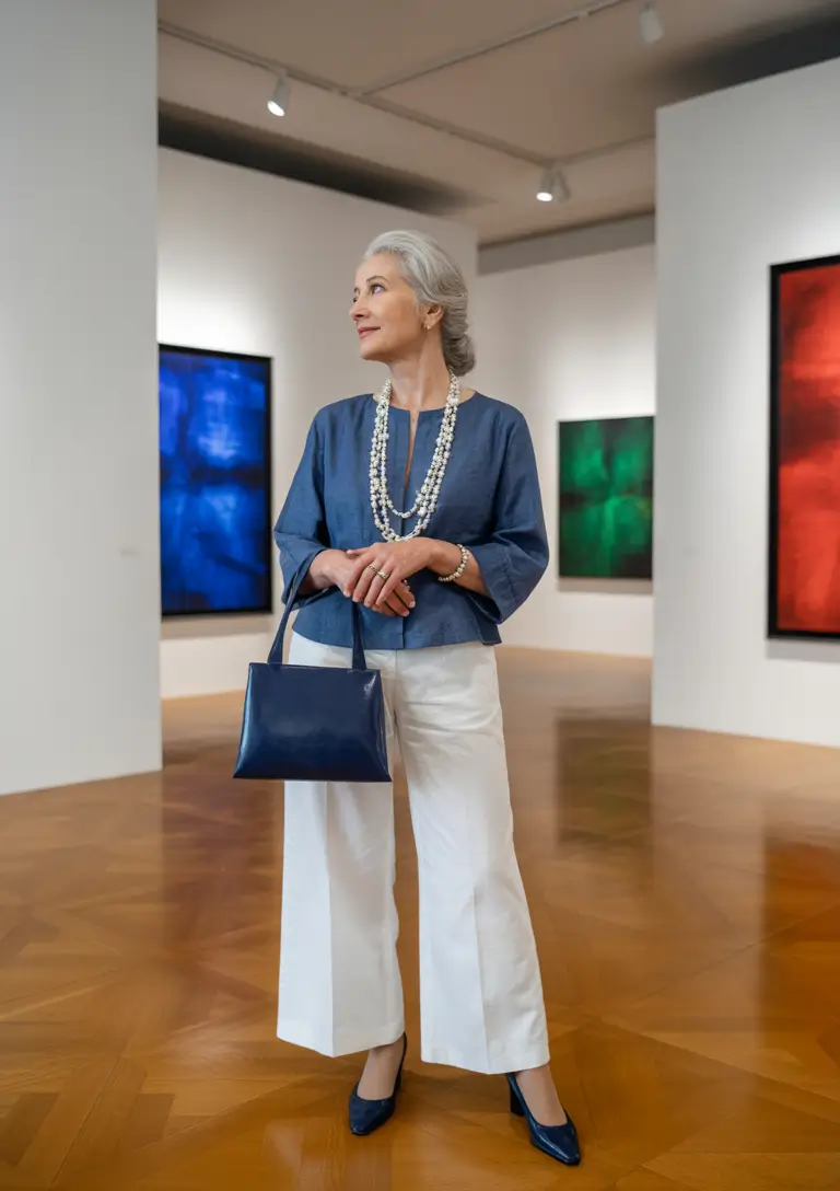 Outfits for Women Over 50 Effortless Museum-Day Chic in Soft Blues and Crisp Whites