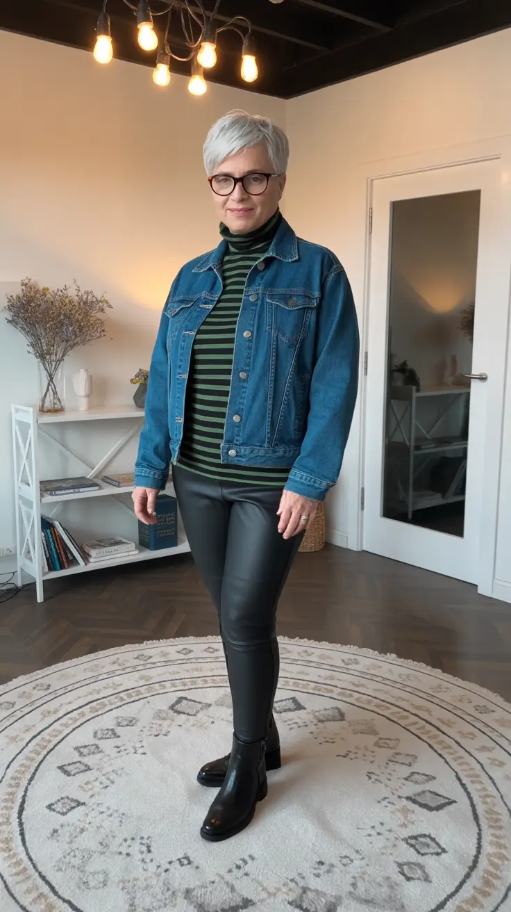 Outfits for Women Over 50 Denim Jacket Coolness with Streamlined Leggings