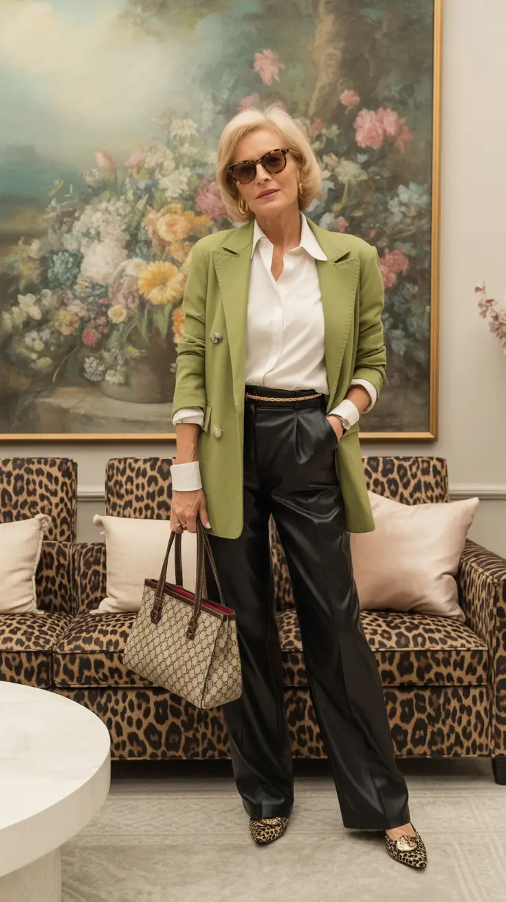 Outfits for Women Over 50 Lime-Toned Blazer with Luxe Black Trousers