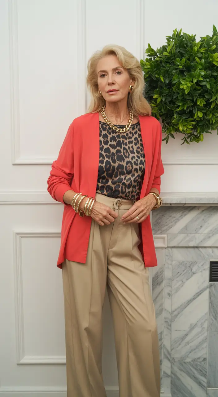 Outfits for Women Over 50 Warm Coral Layers with Bold Animal Prints