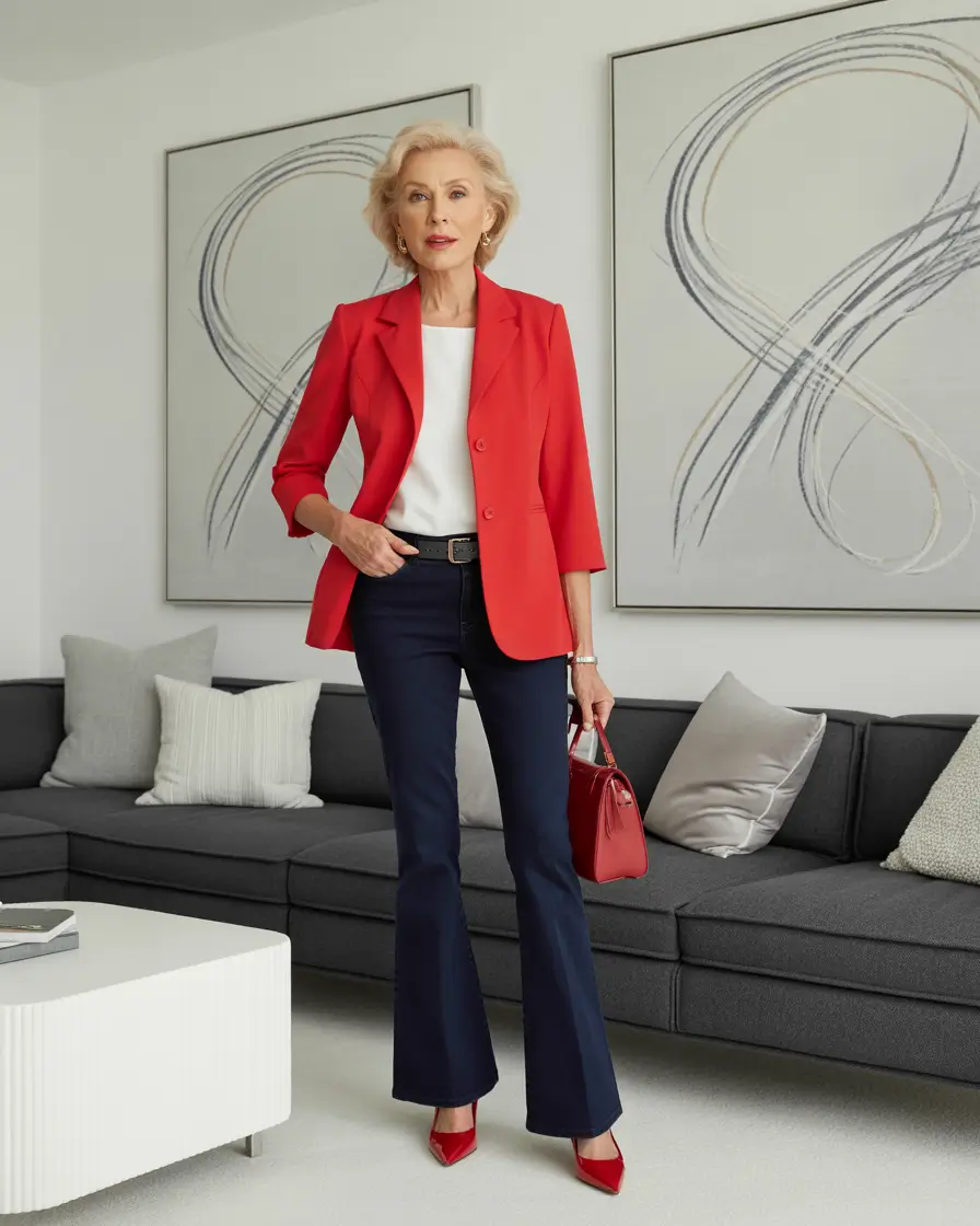 Outfits for Women Over 50 Powerful Red Blazer with Dark Flared Denim