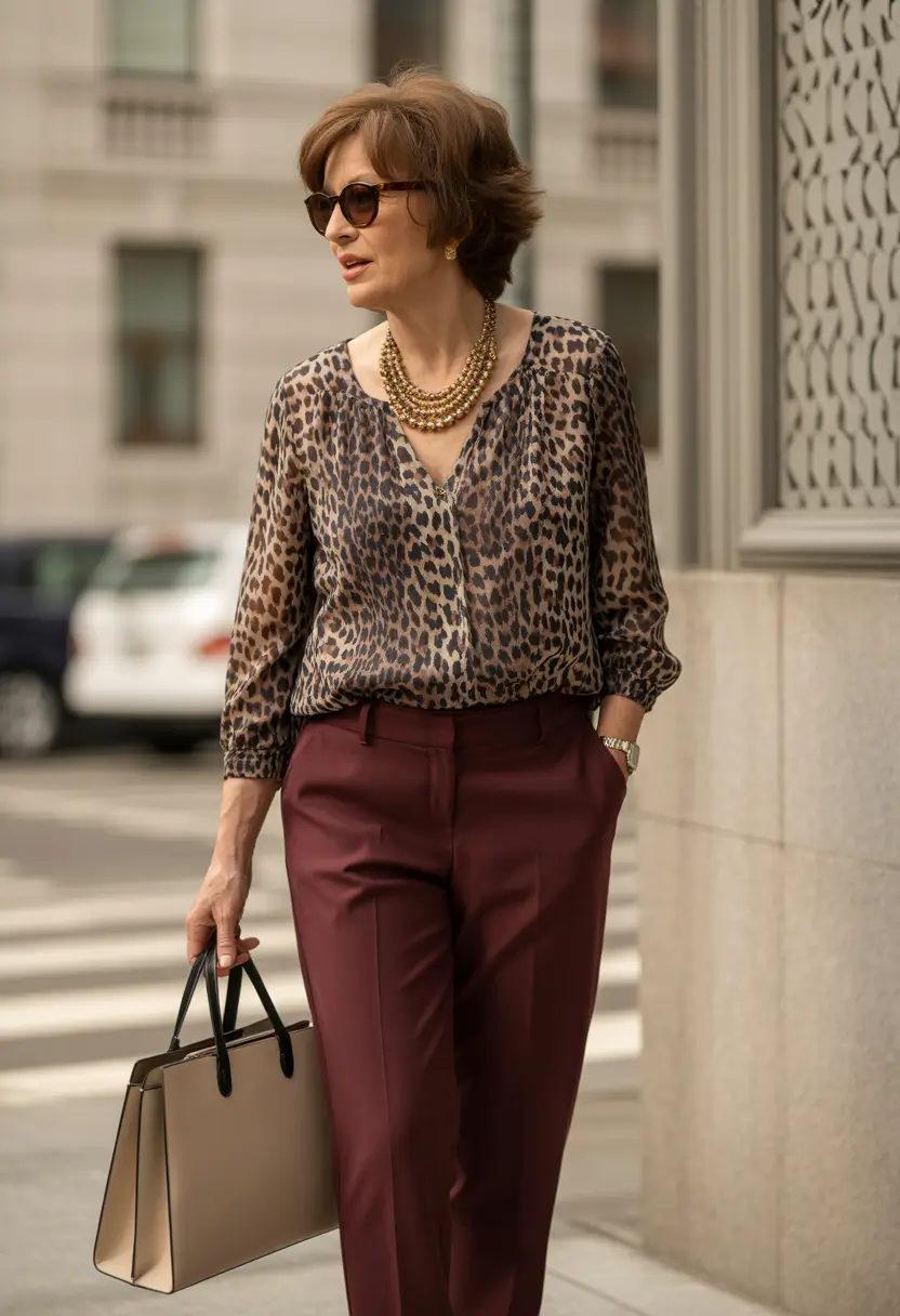 Outfits for Women Over 50 Urban Elegance in Burgundy and Soft Animal Prints