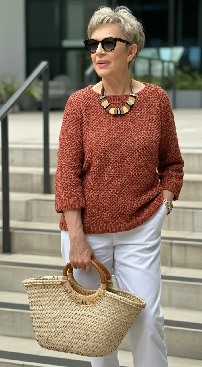Outfits for Women Over 50 Warm Terracotta Knit with Relaxed Whites