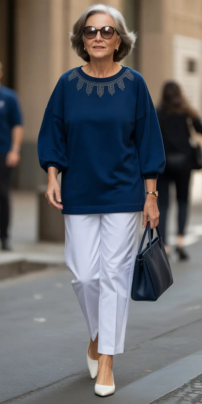 Outfits for Women Over 50 Navy Sparkle Details with Crisp Summer Whites