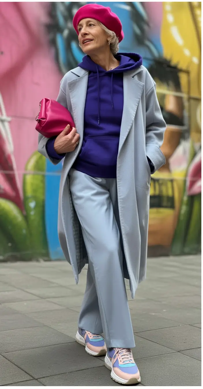 Outfits-for-Women-Over-50 Vivid City Energy With a Beret and Lilac - Blue Layers