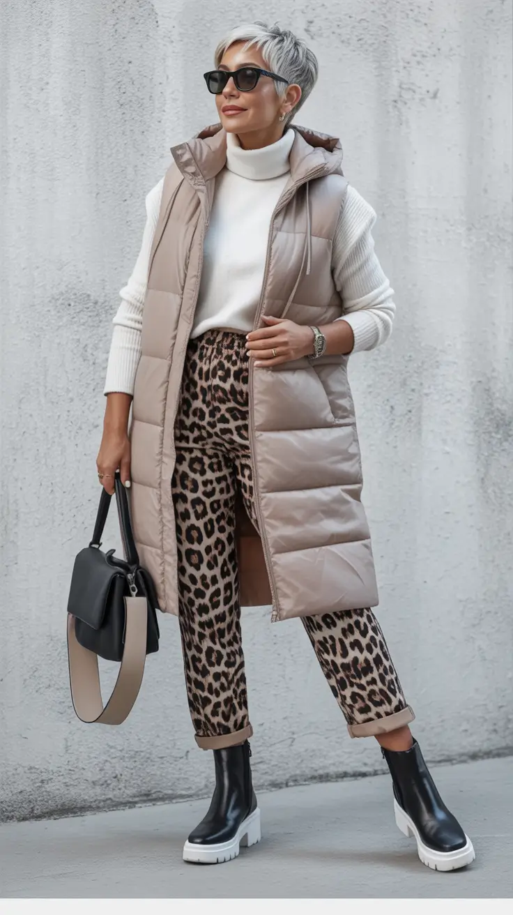 Outfits-for-Women-Over-50 Warm Neutrals With Leopard And a Quilted Long Vest