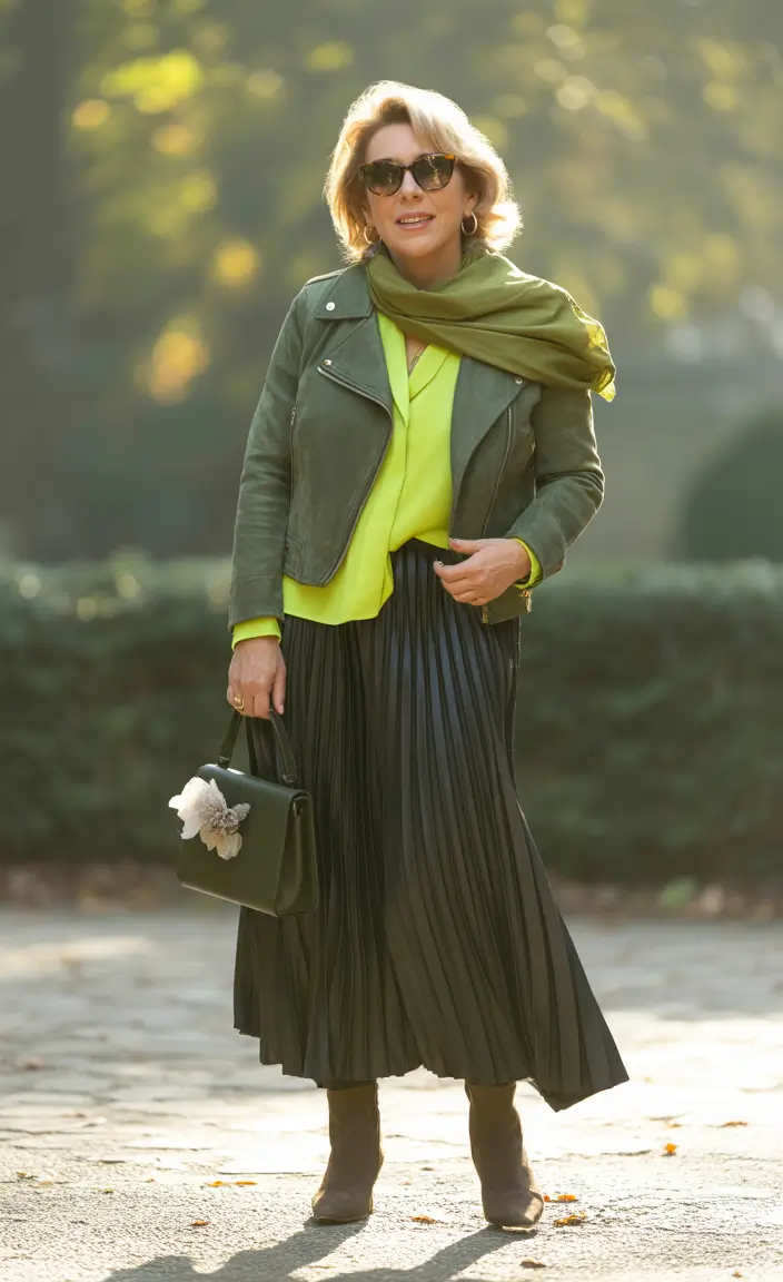 Outfits-for-Women-Over-50 A Forest-Green Jacket And Pleated Skirt With Autumn Glow