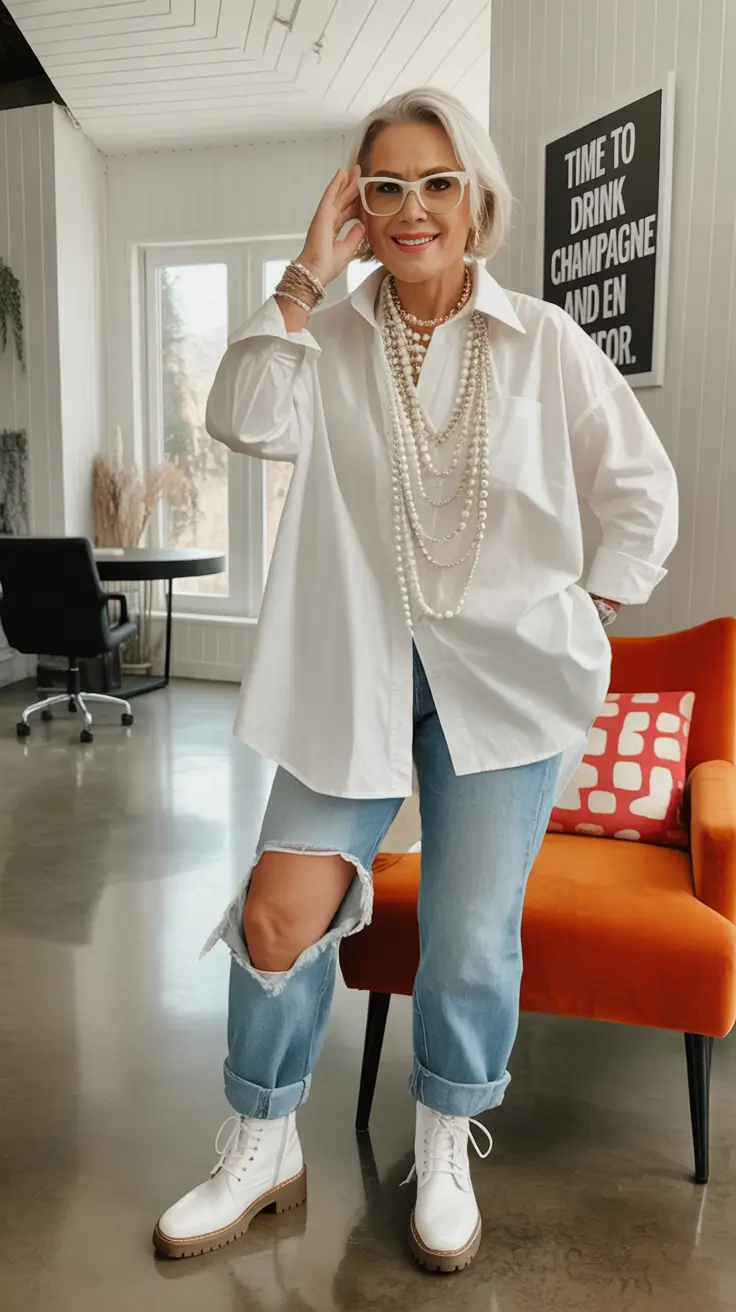 Outfits-for-Women-Over-50 Oversized White Shirt With Distressed Denim And White Boots