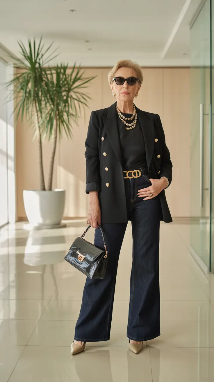 Outfits for Women Over 50 Polished Black Layers with Luxe Gold Accents