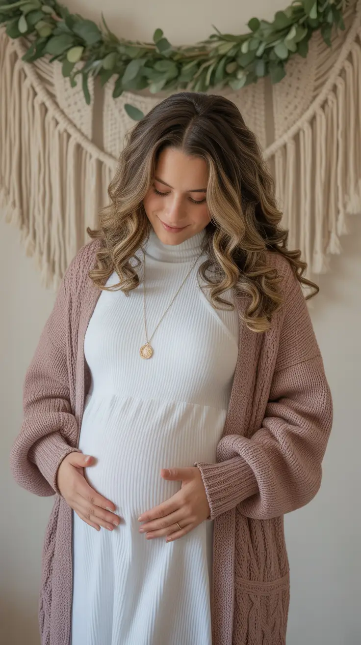 pregnancy outfits White Base Layers With Cozy Cardigan Warmth