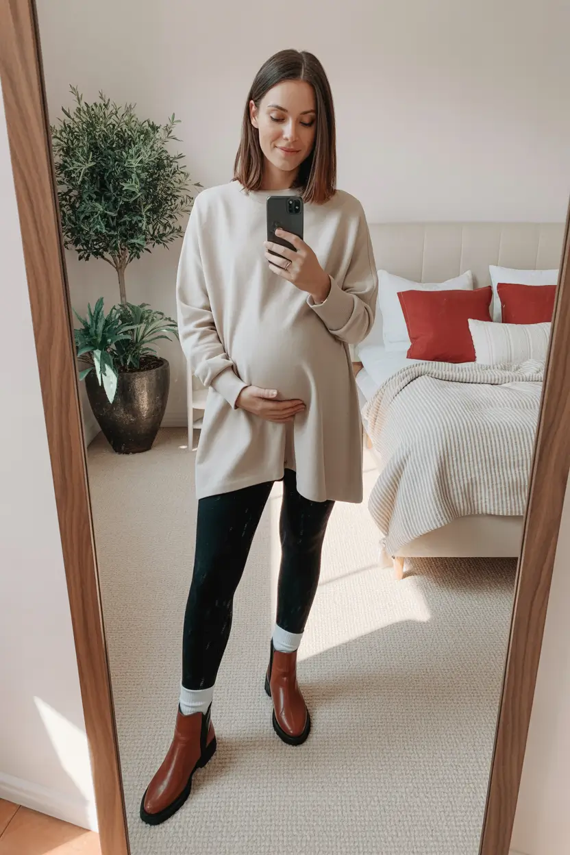 pregnancy outfits Cozy Neutral Layers With Everyday Ease