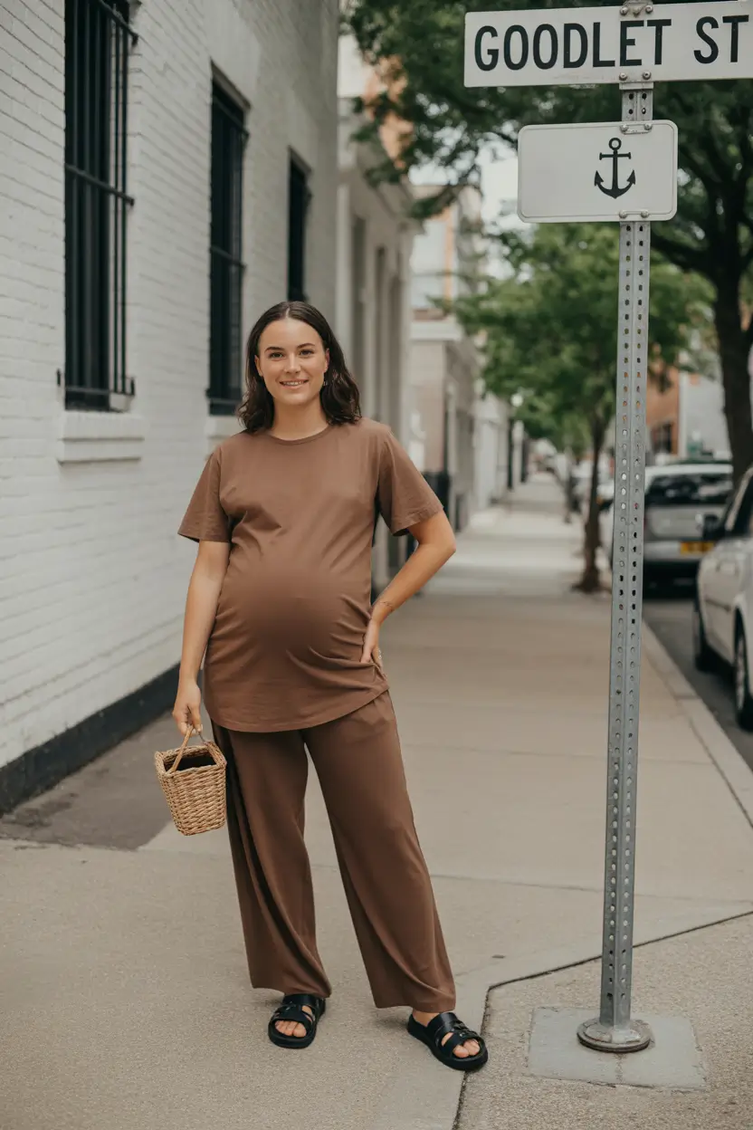 pregnancy outfits Earthy Monochrome With Laid-Back Ease