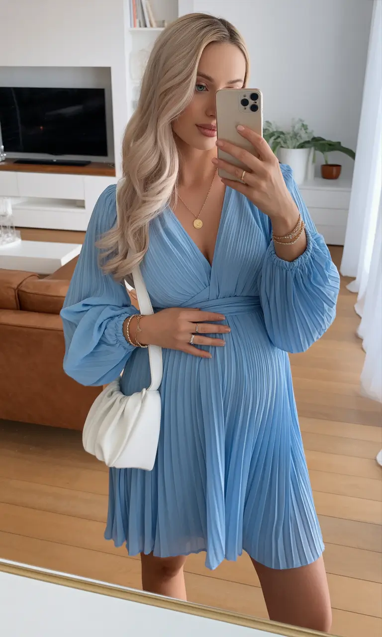 pregnancy outfits Airy Blue Pleats With Lightness in Every Step