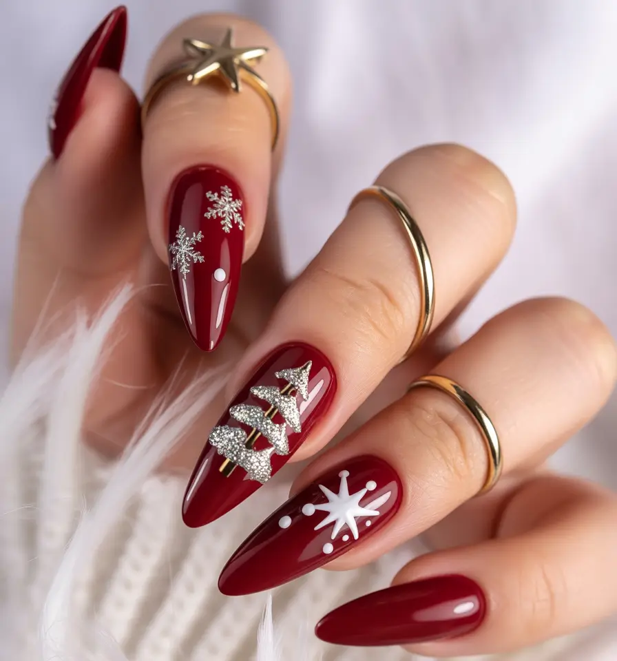 red christmas nails Starlit Christmas Trees