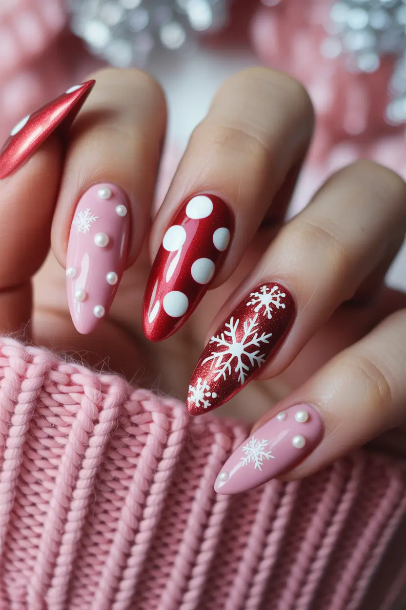 red christmas nails Pink and Snowflake Whimsy
