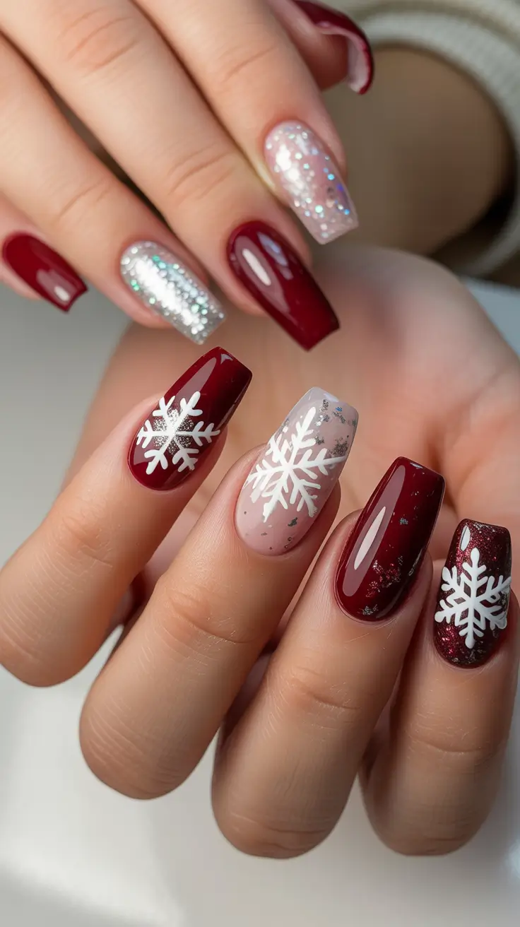 red christmas nails Frosted Ruby Snowflakes