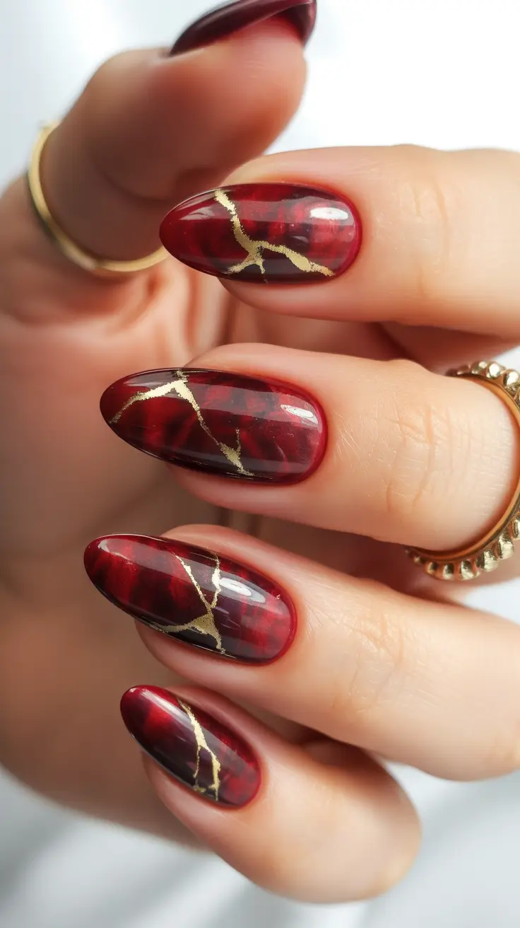 red christmas nails Gilded Cranberry Marble