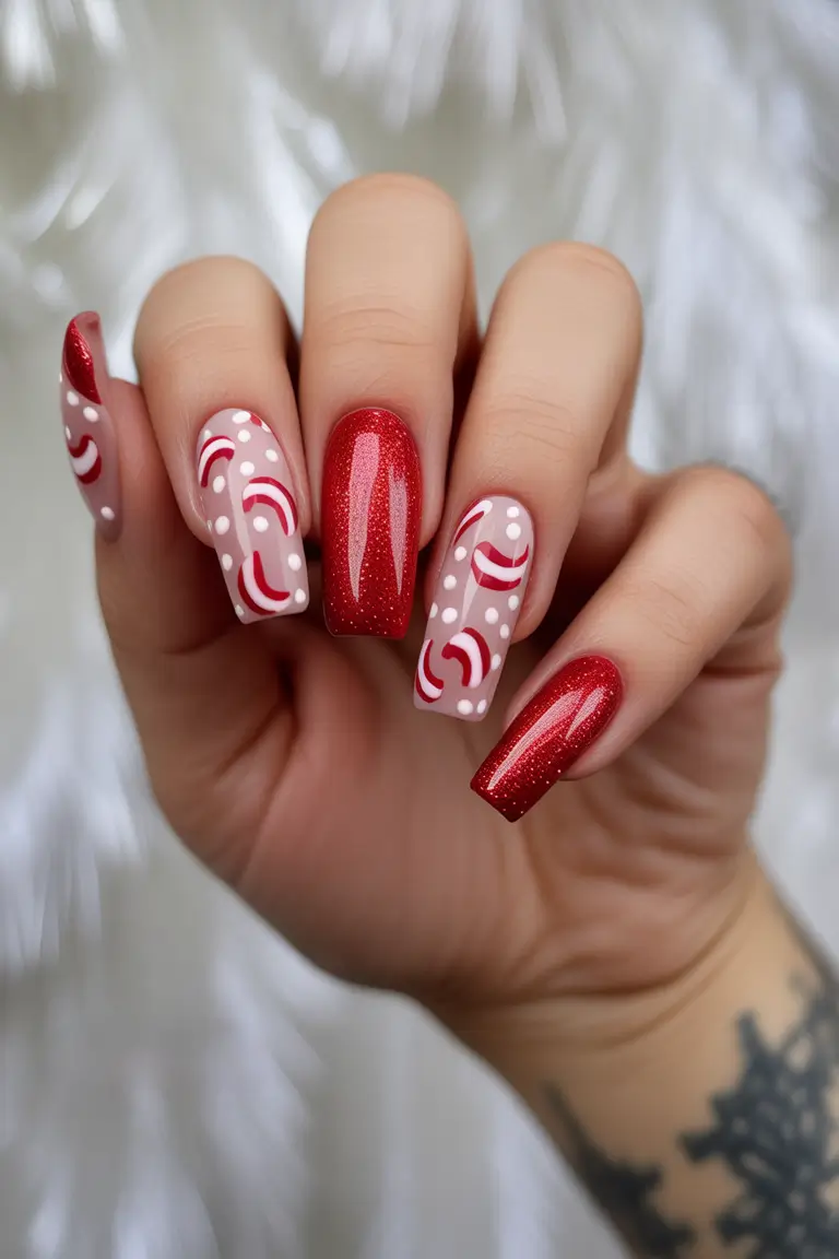 red christmas nails Peppermint Candy Swirls