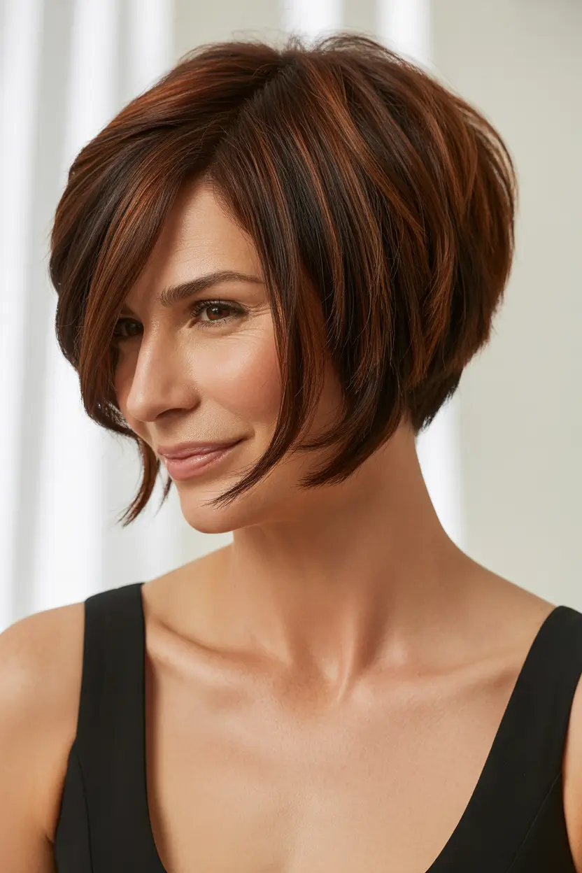 Choppy Bob Haircuts Rich Brunette Layered Choppy Bob With Warm Highlights