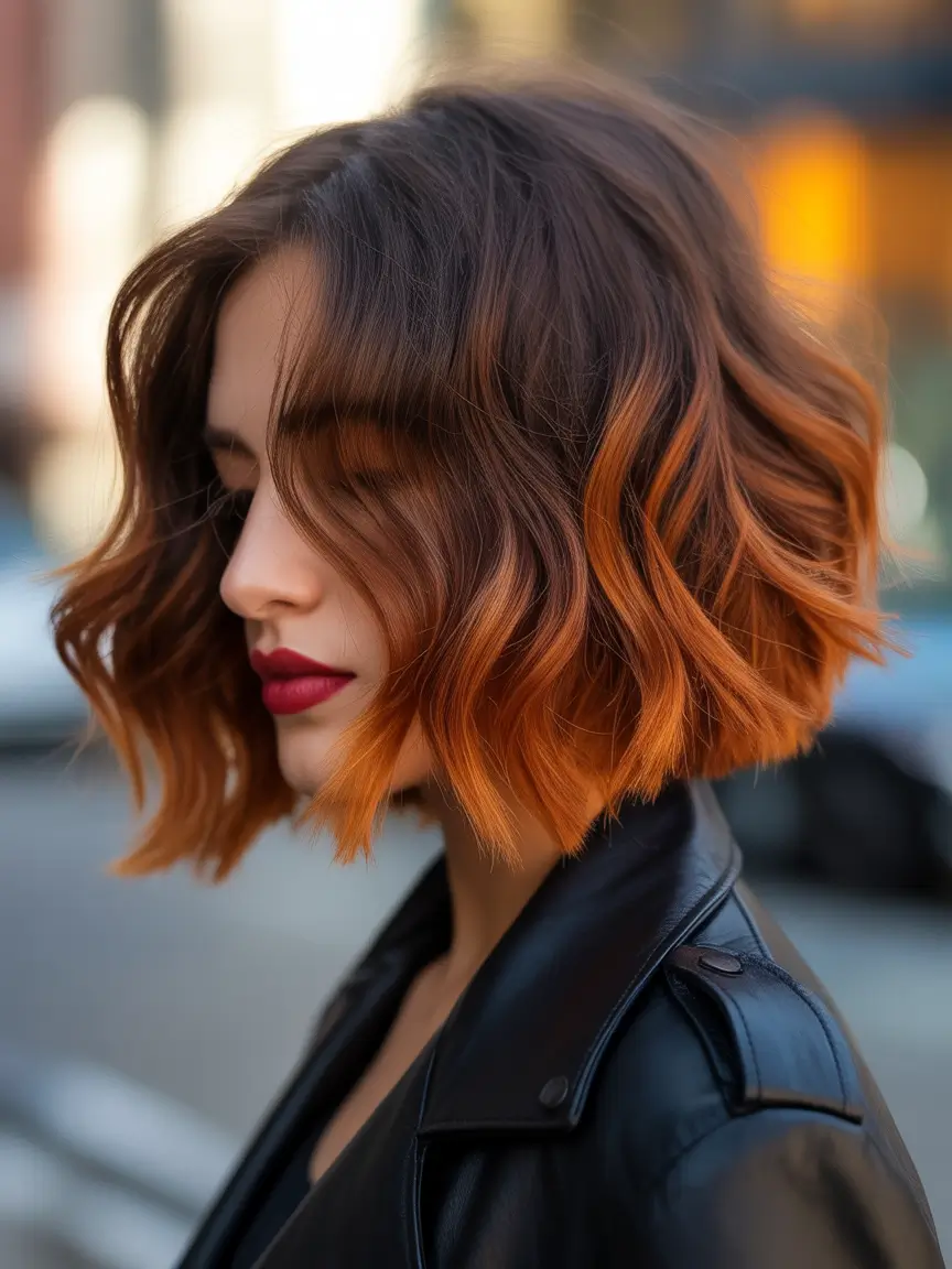 Choppy Bob Haircuts Amber-Orange Wavy Choppy Bob With Bold Tips