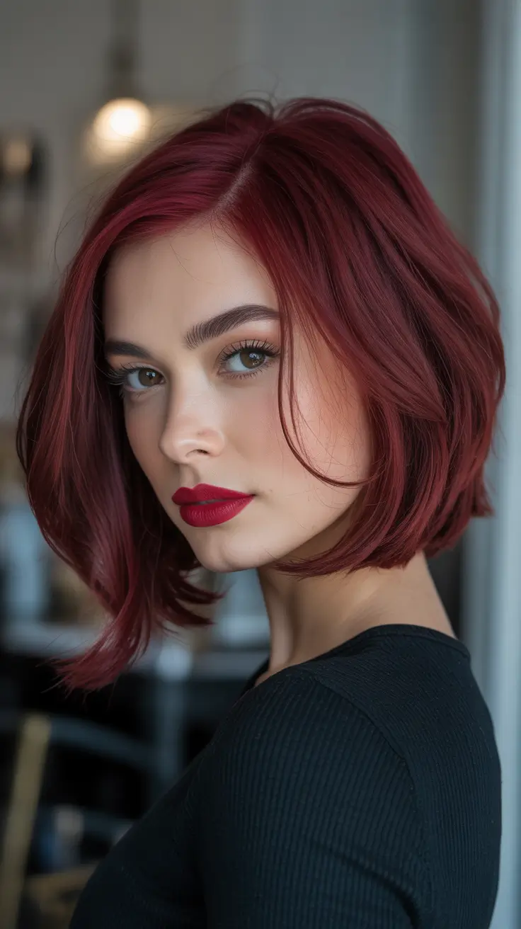 Choppy Bob Haircuts Berry-Red Smooth Choppy Bob With Subtle Curve
