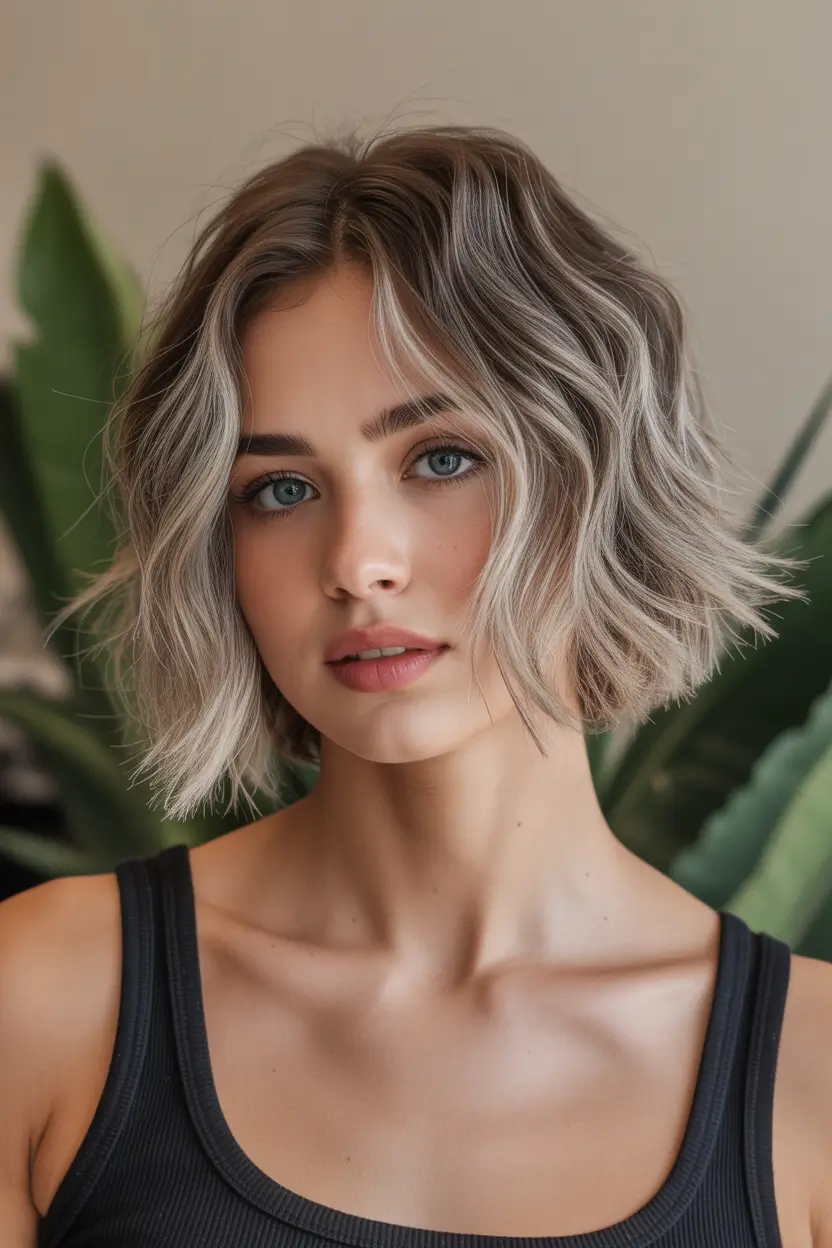 Choppy Bob Haircuts Soft Ash Wavy Choppy Bob With Rooted Dimension