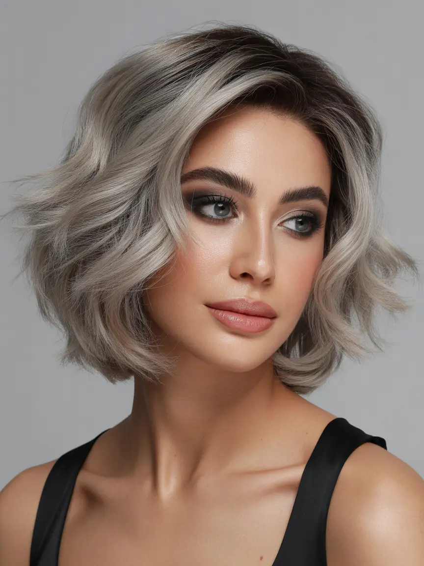 Choppy Bob Haircuts Silver Smoke Choppy Bob With Dark Roots