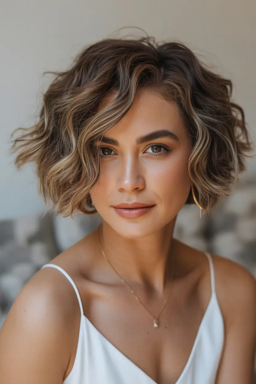 Choppy Bob Haircuts Warm Brunette Wavy Choppy Bob With Lightened Ends
