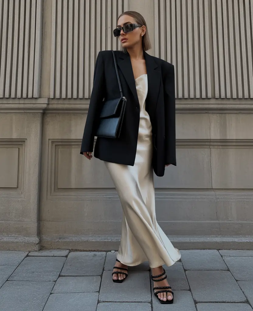 Outfits for Women Over 40 Silky Slip Elegance with a Tailored Black Blazer