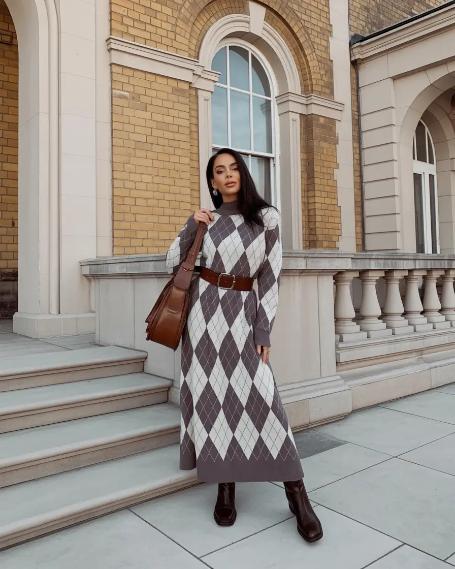 Outfits for Women Over 40 Chic Argyle Knit Dress with Leather Accessories