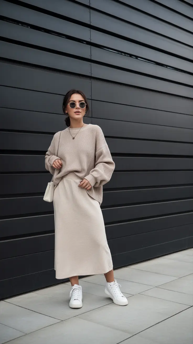 Outfits for Women Over 40 Soft Minimalism with a Sweater and Straight Midi Skirt