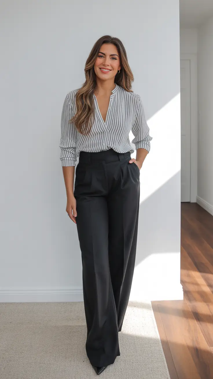 Outfits for Women Over 40 Tailored Black Trousers with a Crisp Striped Shirt