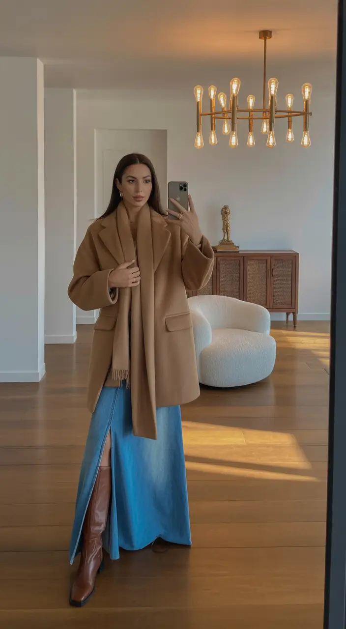 Outfits for Women Over 40 Cozy Camel Layers with Denim and Tall Boots