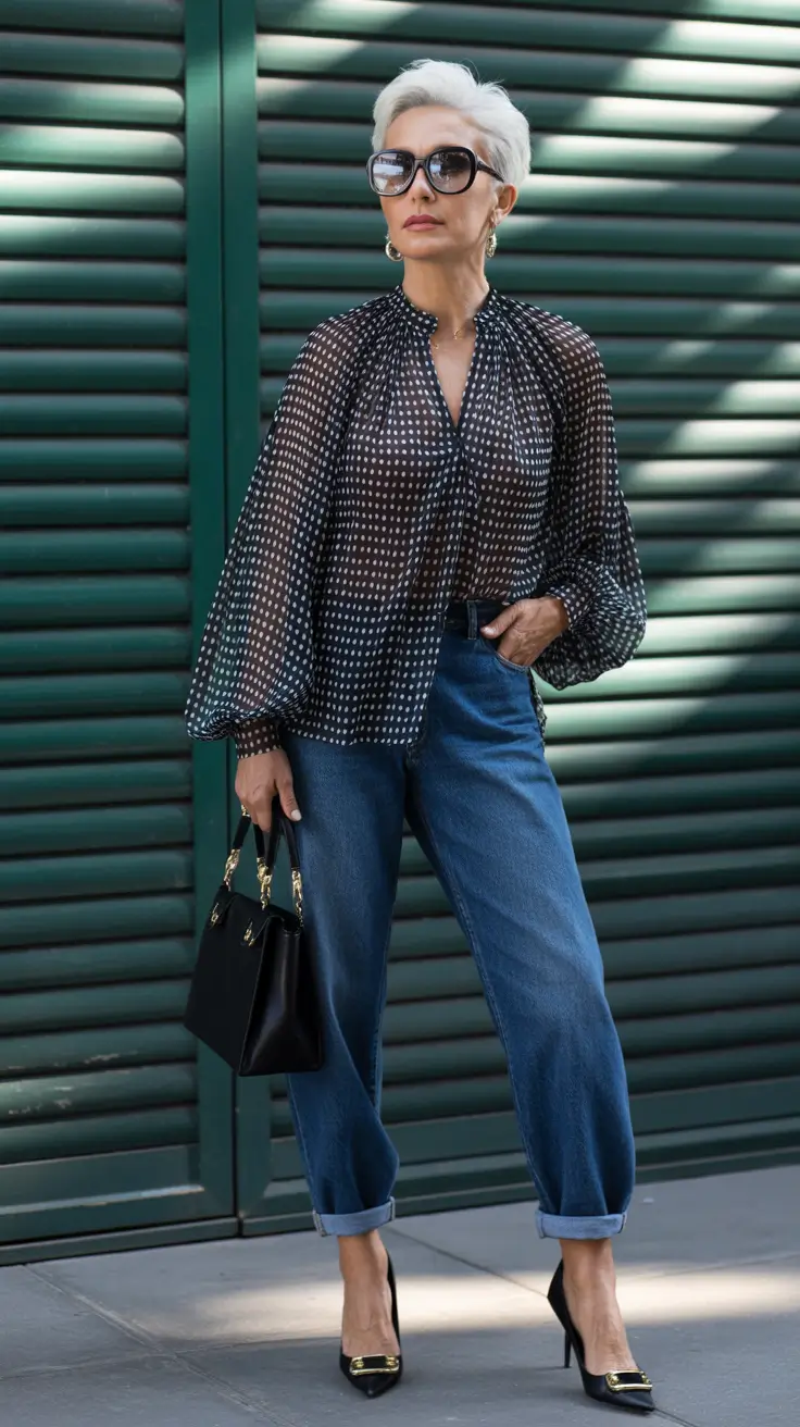 Outfits for Women Over 40 Soft Sheer Elegance with Relaxed Denim