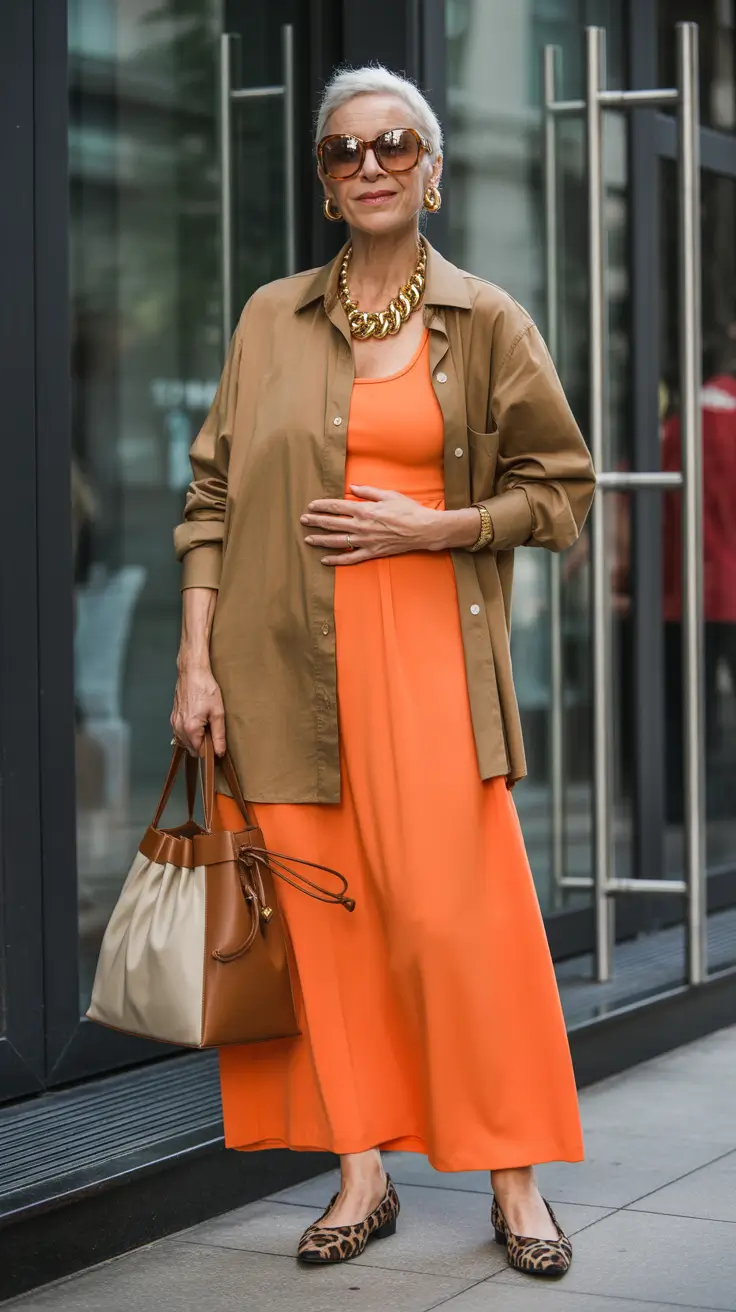 Outfits for Women Over 40 Bold Orange Maxi Dress with a Relaxed Overshirt