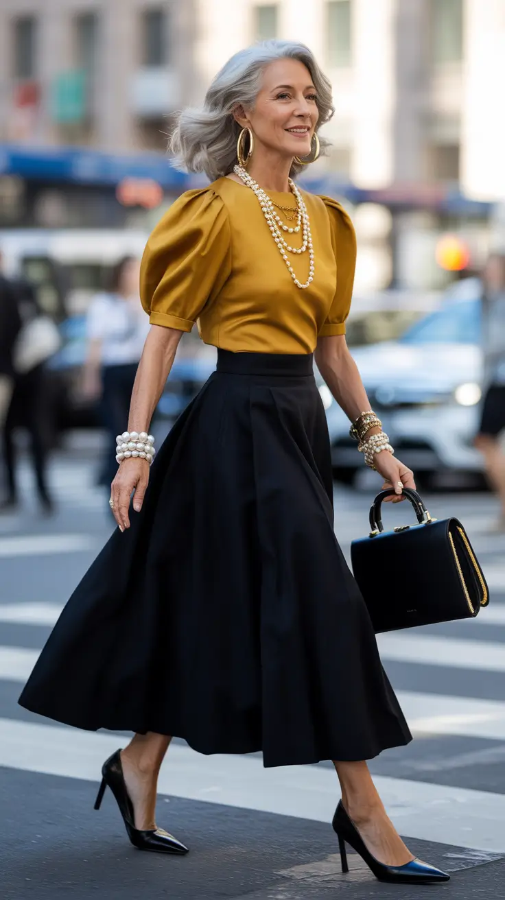 Outfits for Women Over 40 Golden Statement Top with a Classic Full Midi Skirt
