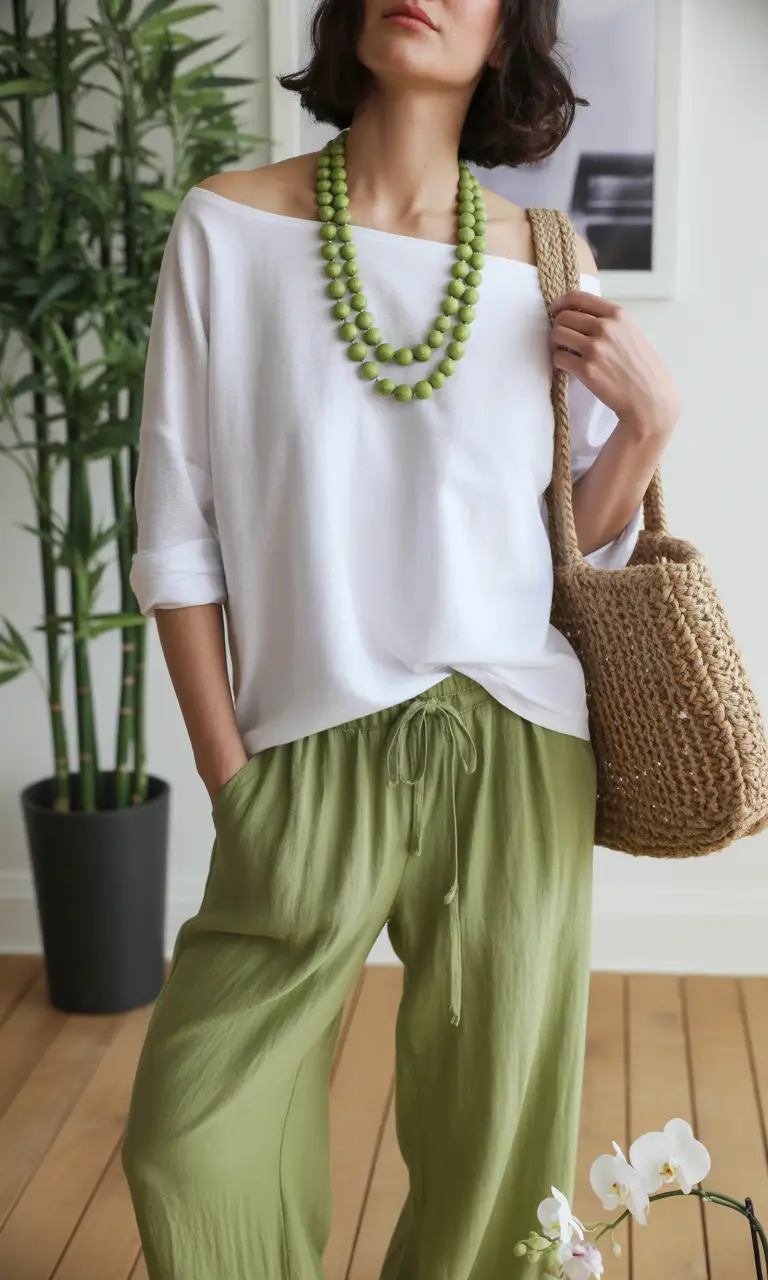 Outfits for Women Over 40 Breezy Green And White Comfort for Warm Spring Days